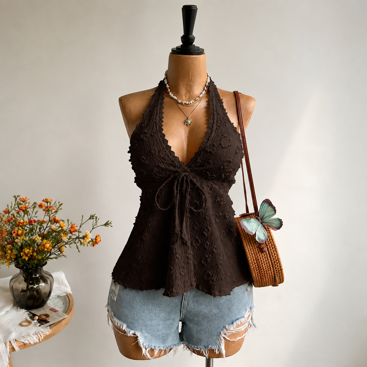 Lace Tie Front Halter Top