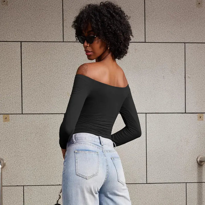 VISSONG Women’s Off-Shoulder Stretch Long-Sleeve Top