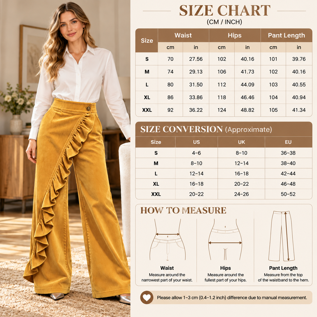Women’s High-Waisted Ruffle-Overlay Corduroy Wide-Leg Pants