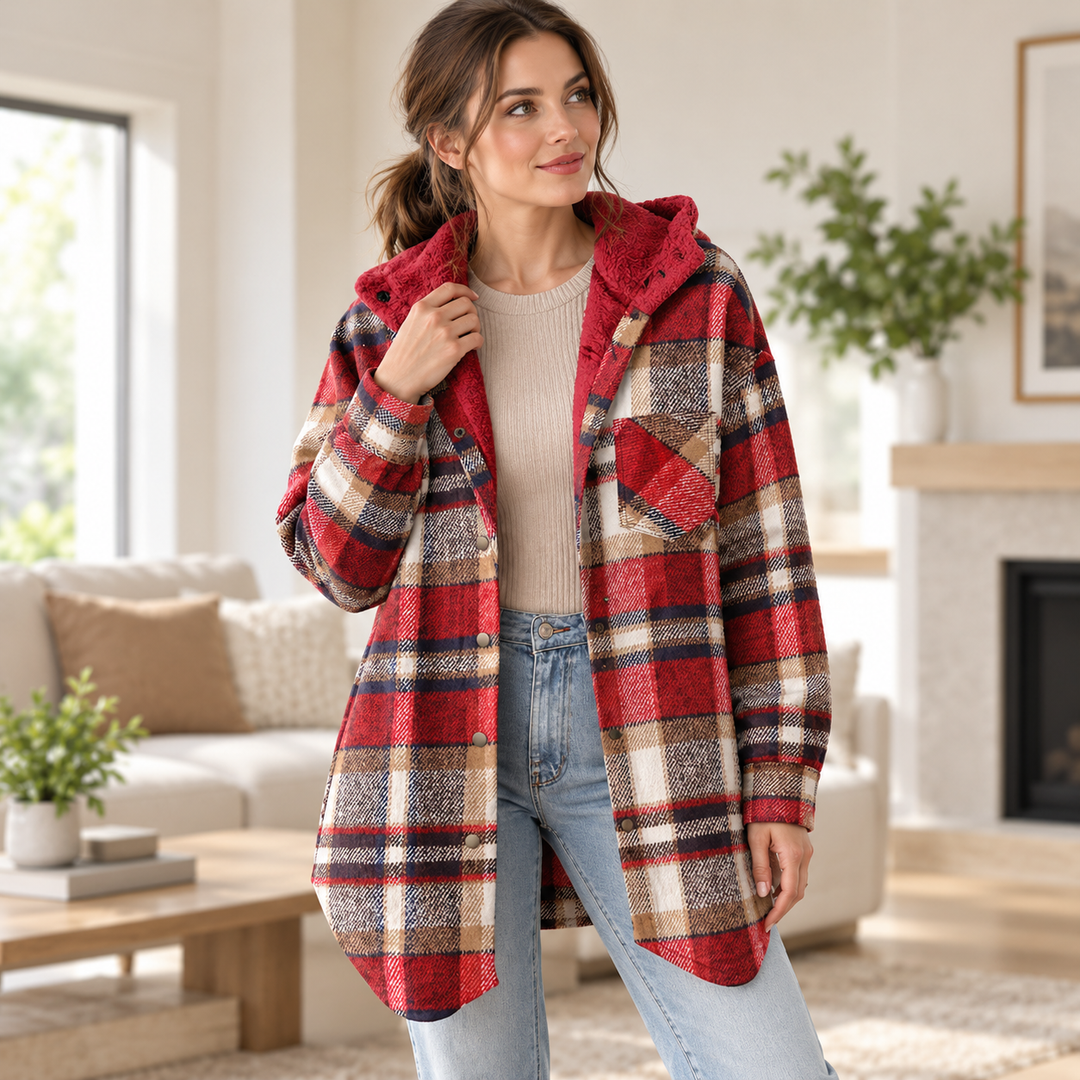 VISSONG Women’s Plush-Hood Plaid Snap-Front Shacket