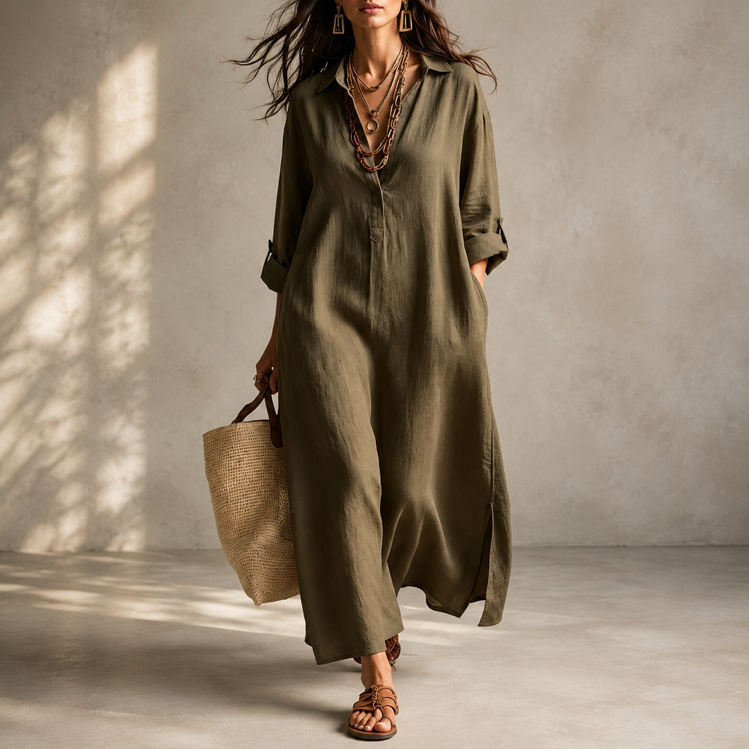 Relaxed Roll-Tab Maxi Shirt Dress