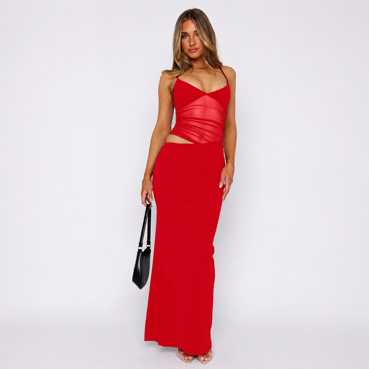 Women’s Ruched Mesh Cutout Maxi Dress