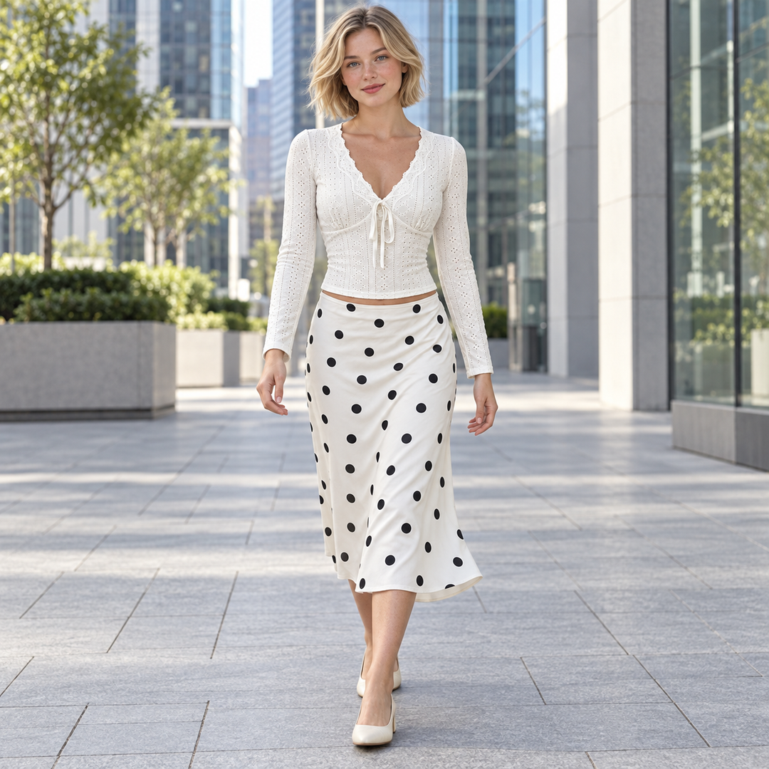 Lace-Trim Tie-Front Eyelet Long-Sleeve Top