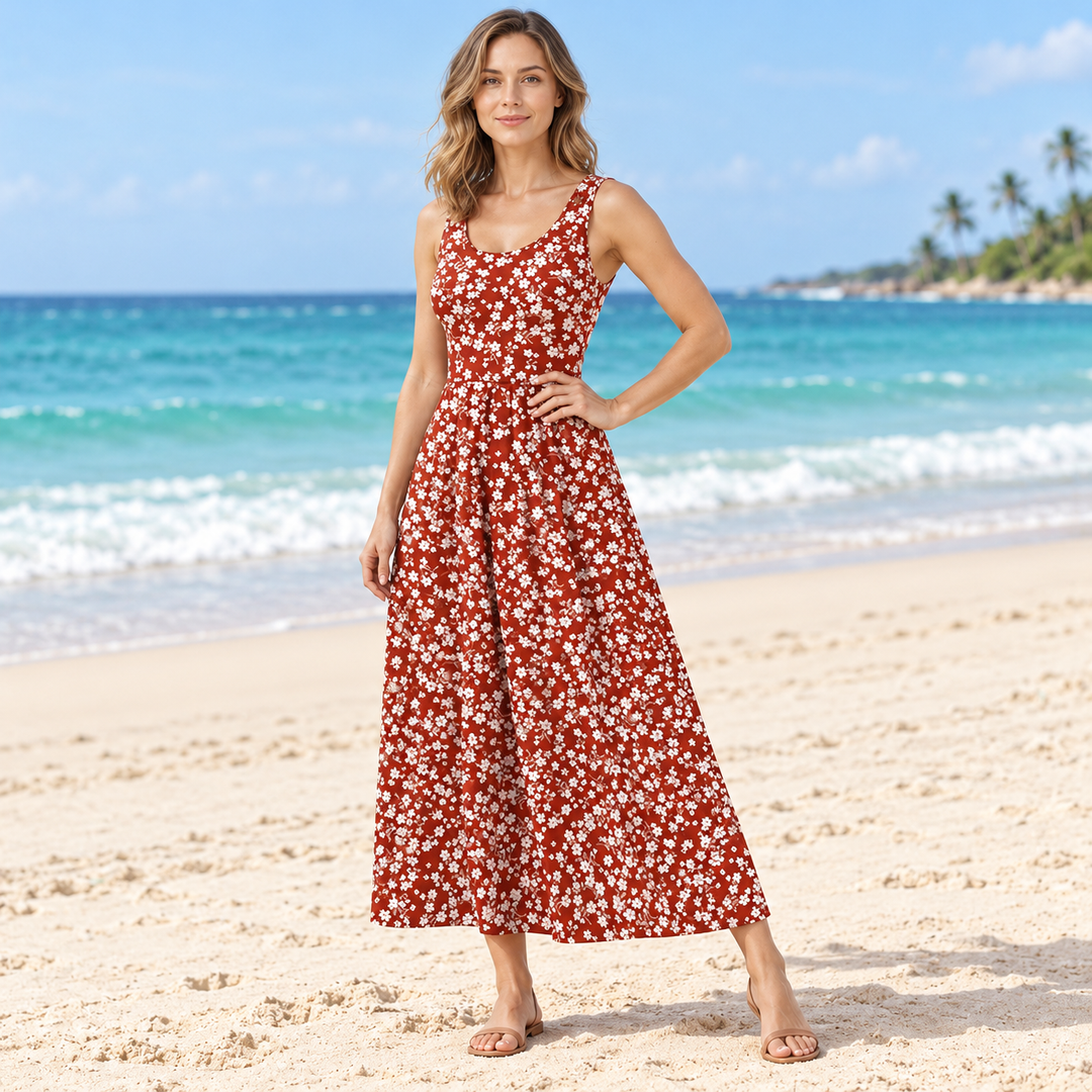 VISSONG Women’s Sleeveless Gathered-Waist Pocket Midi Dress