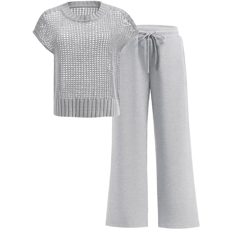 VISSONG Women’s Open-Knit Top Drawstring Wide-Leg Pants Set