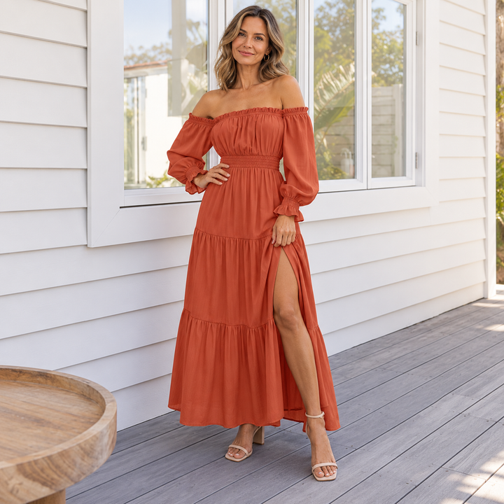 VISSONG Women’s Off-Shoulder Balloon-Sleeve Tiered Slit Maxi Dress