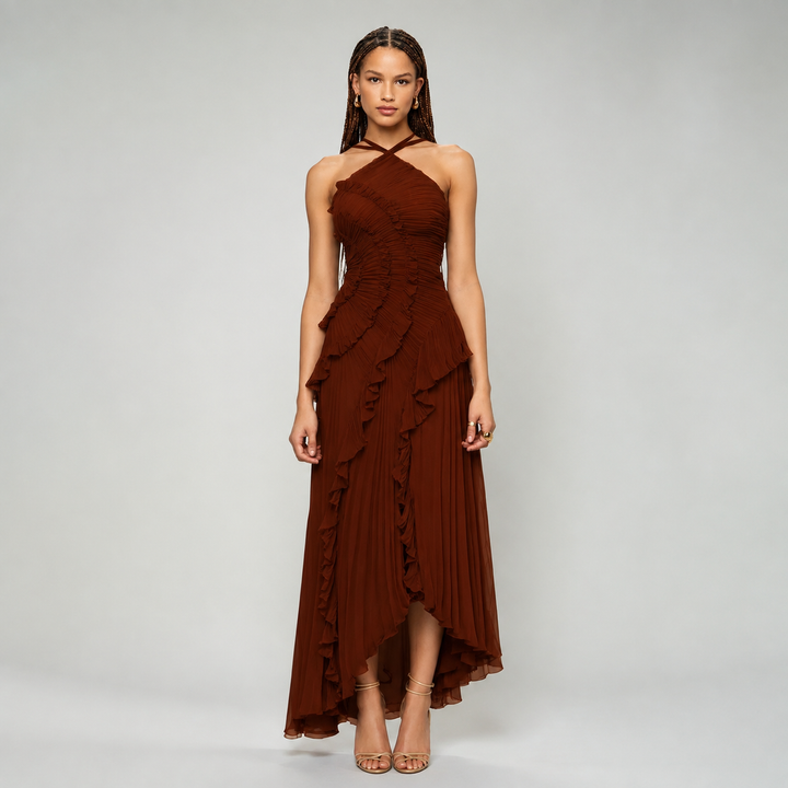 Women’s Pleated Halter Ruffle Maxi Dress