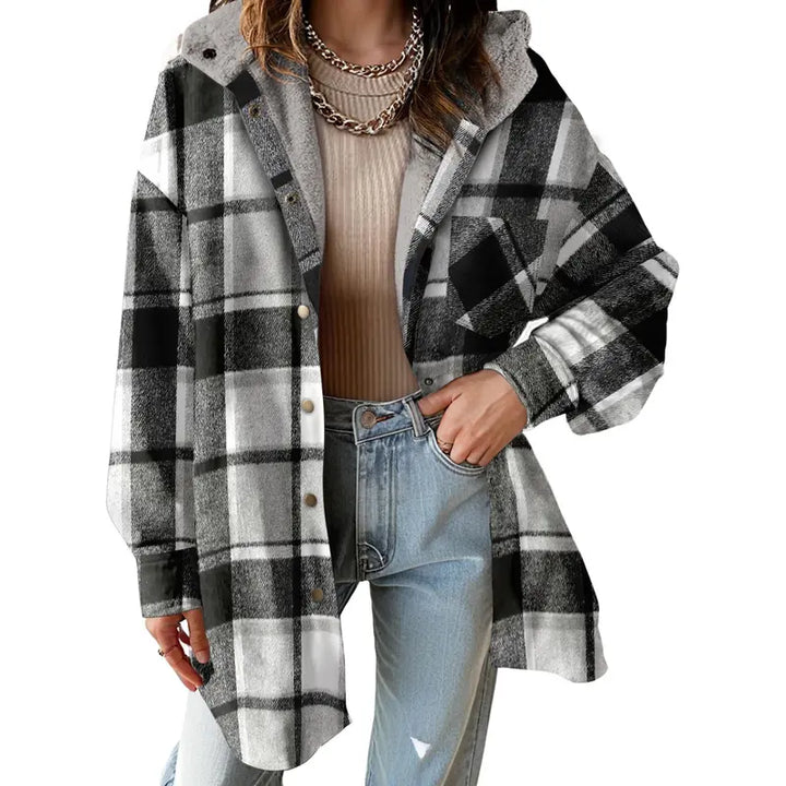 VISSONG Women’s Plush-Hood Plaid Snap-Front Shacket