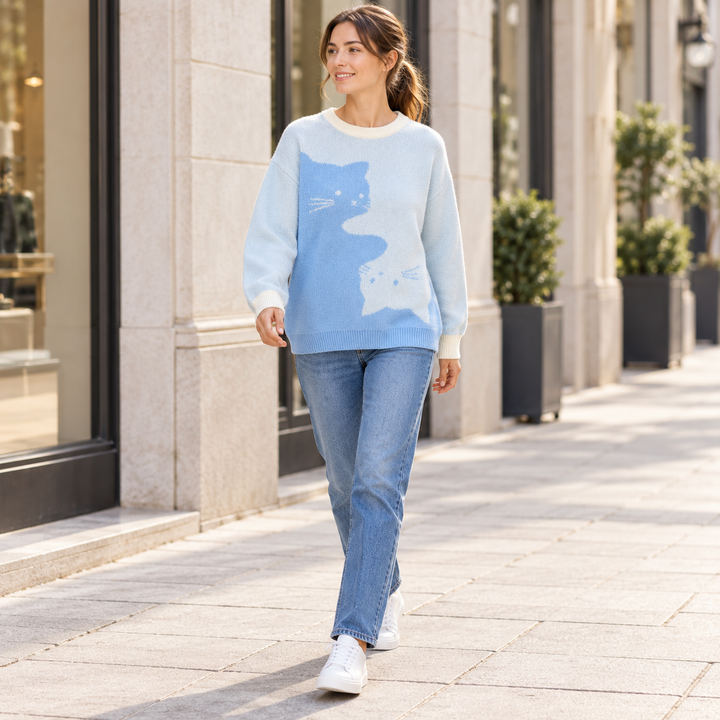 VISSONG Women’s Two-Cat Colorblock Crewneck Knit Sweater