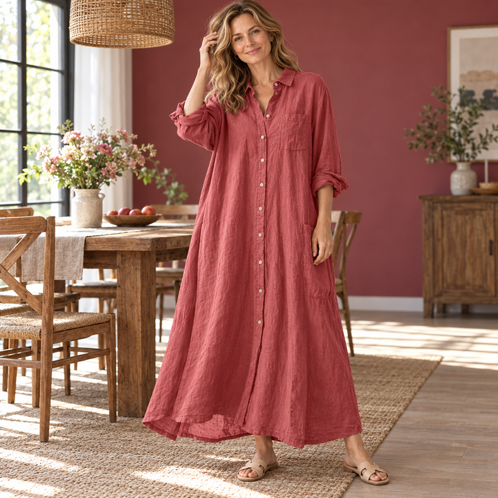 Women’s Cotton-Linen Button-Front Pocket Maxi Shirt Dress