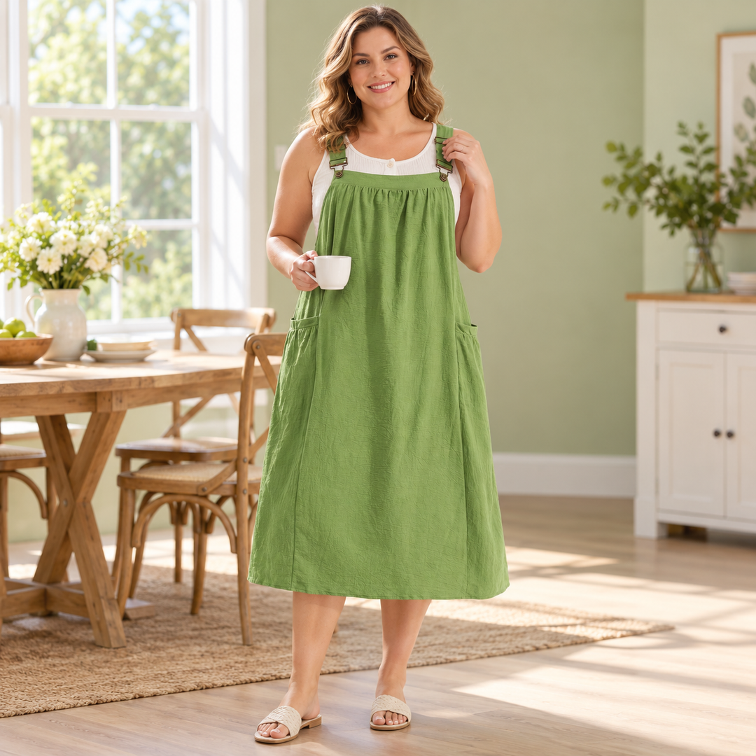 Women’s Cotton Buckle-Strap Gathered Pocket Pinafore Dress