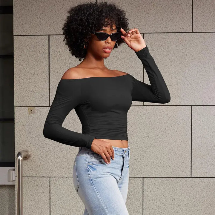 VISSONG Women’s Off-Shoulder Stretch Long-Sleeve Top