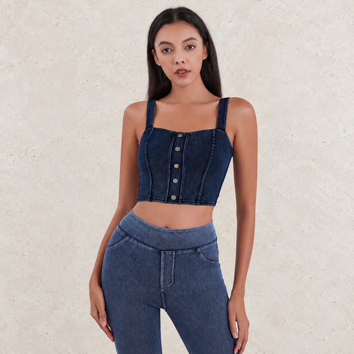 VISSONG Square-Neck Button-Front Denim Crop Top