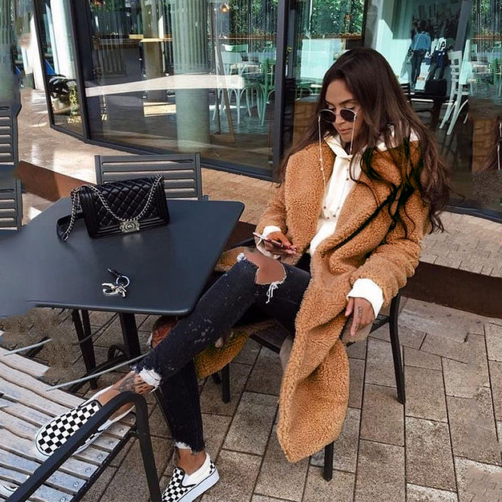 VISSONG Women’s Plush Notched-Lapel Longline Coat