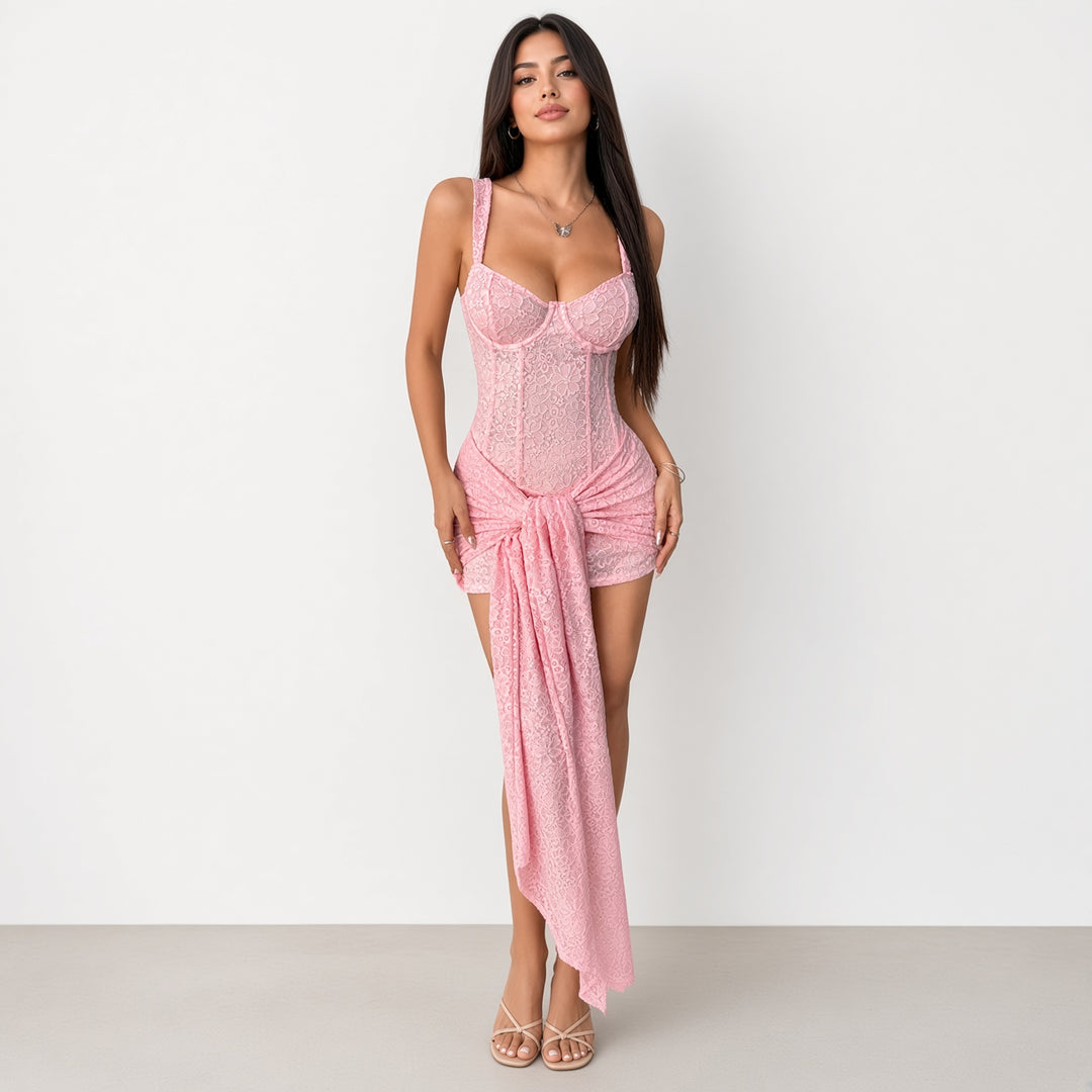 Lace Bustier Mini Dress with Draped Front Sash