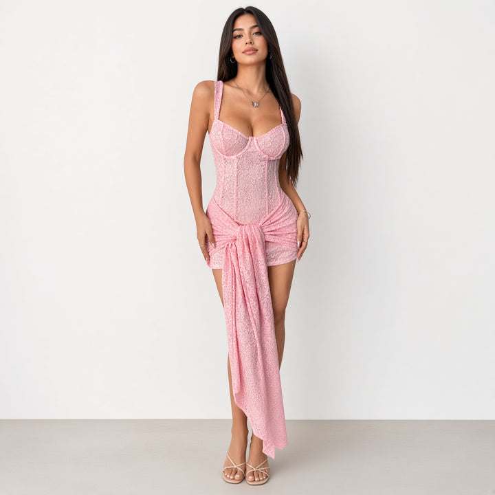 Lace Bustier Mini Dress with Draped Front Sash