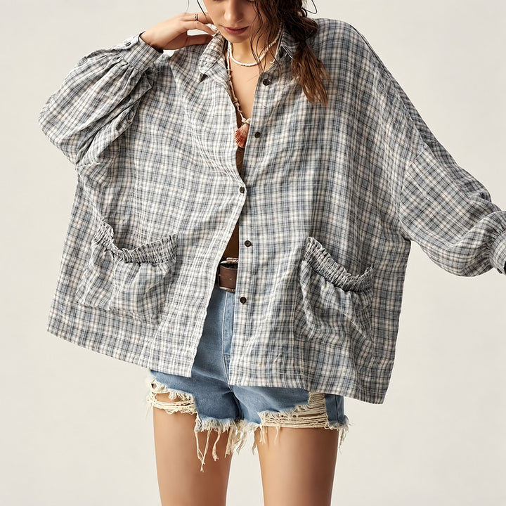 VISSONG Women’s Ruffle-Pocket Plaid Shirt