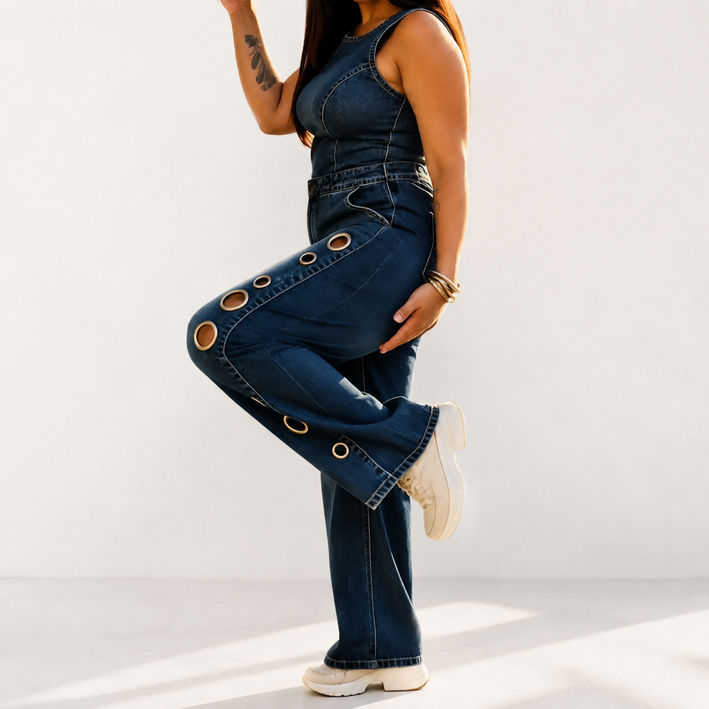 Women's High Waist Eyelet Wide Leg Denim Jeans