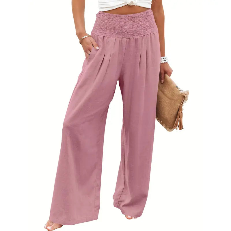 VISSONG Women’s Smocked High-Waist Pleated Palazzo Pants