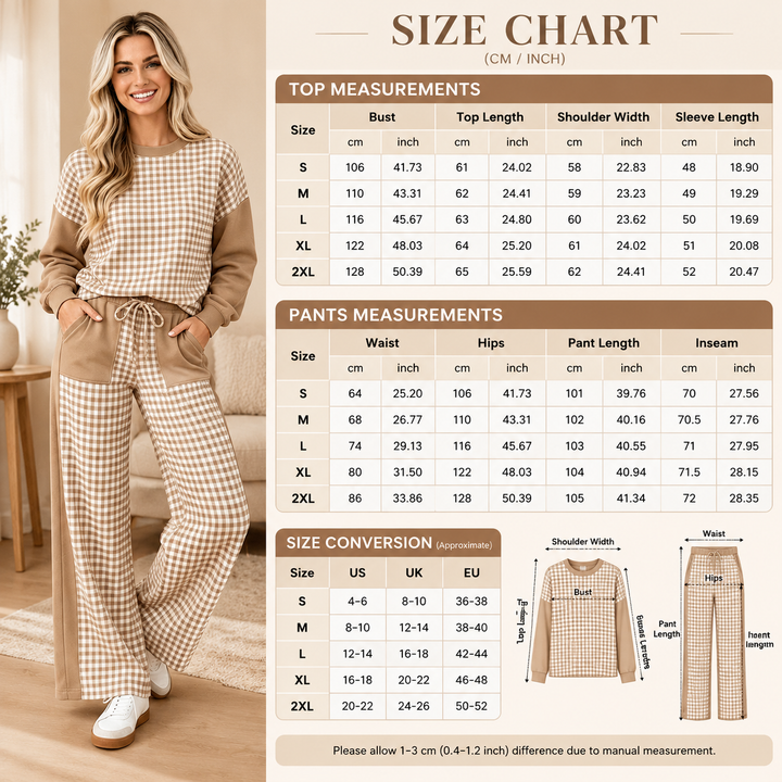 VISSONG Women’s Gingham Colorblock Pullover &amp; Wide-Leg Pants Set