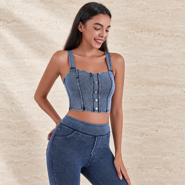 VISSONG Square-Neck Button-Front Denim Crop Top