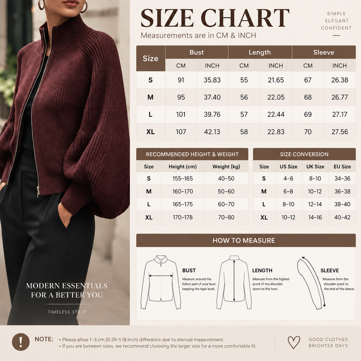 VISSONG Women’s Sculpted Rib-Knit Zip-Up Balloon Sleeve Cardigan