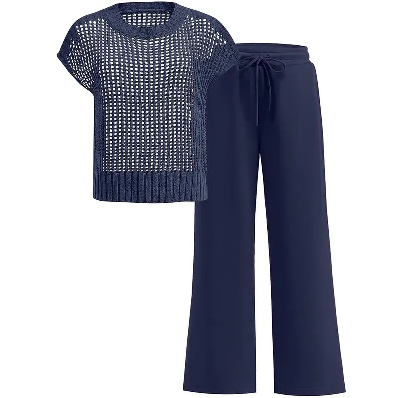 VISSONG Women’s Open-Knit Top Drawstring Wide-Leg Pants Set