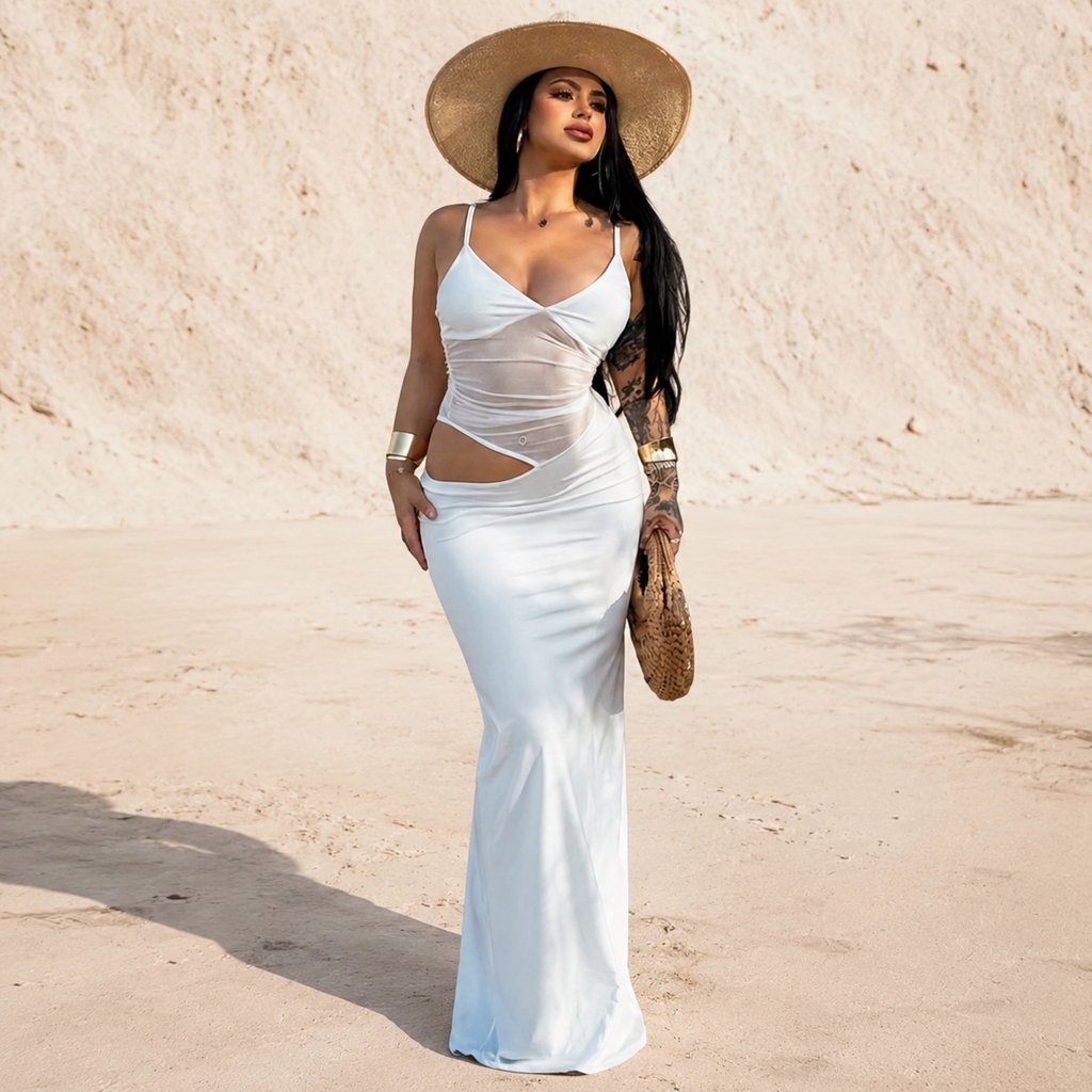 Women’s Ruched Mesh Cutout Maxi Dress