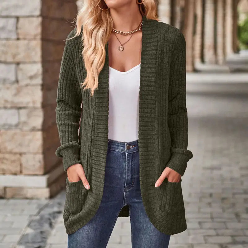 VISSONG Women’s Ribbed Open-Front Curved-Hem Pocket Cardigan