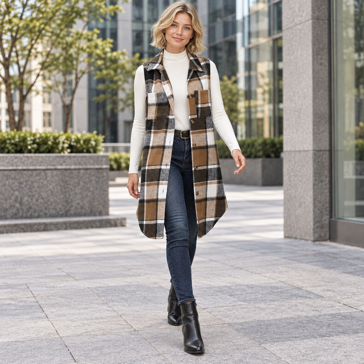 Long Plaid Button-Front Sleeveless Vest