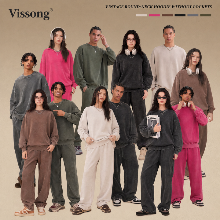 Vissong Vintage Washed Oversized Crewneck Sweatshirt and Hoodie Set
