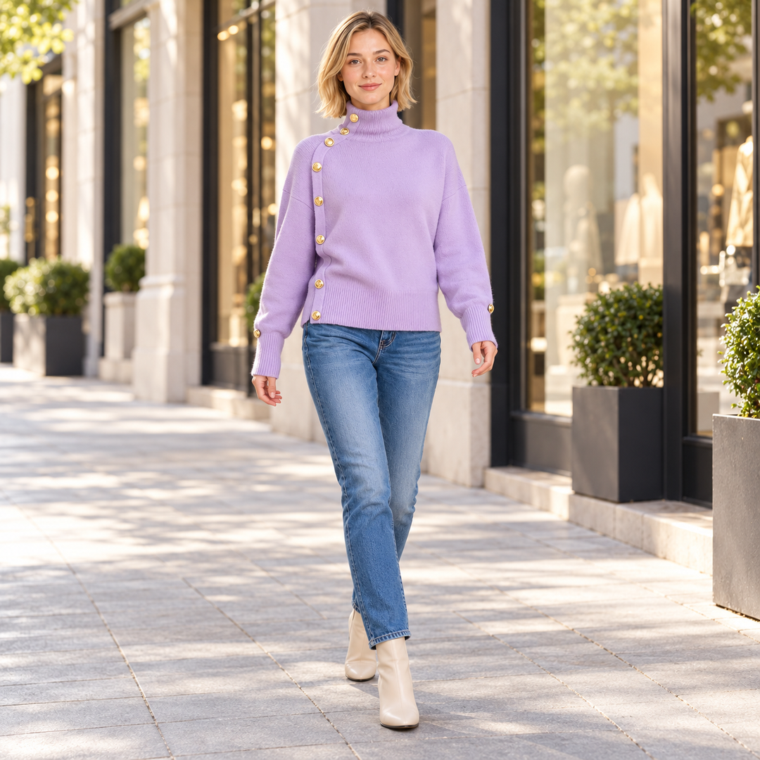 VISSONG Women’s Asymmetric Gold-Button Turtleneck Sweater