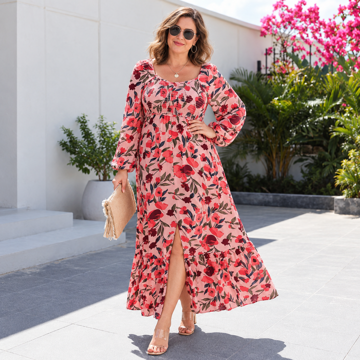 VISSONG Women’s Printed Smocked-Bodice Long-Sleeve Maxi Dress