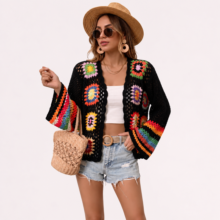 VISSONG Colorful Granny Square Crochet Cardigan