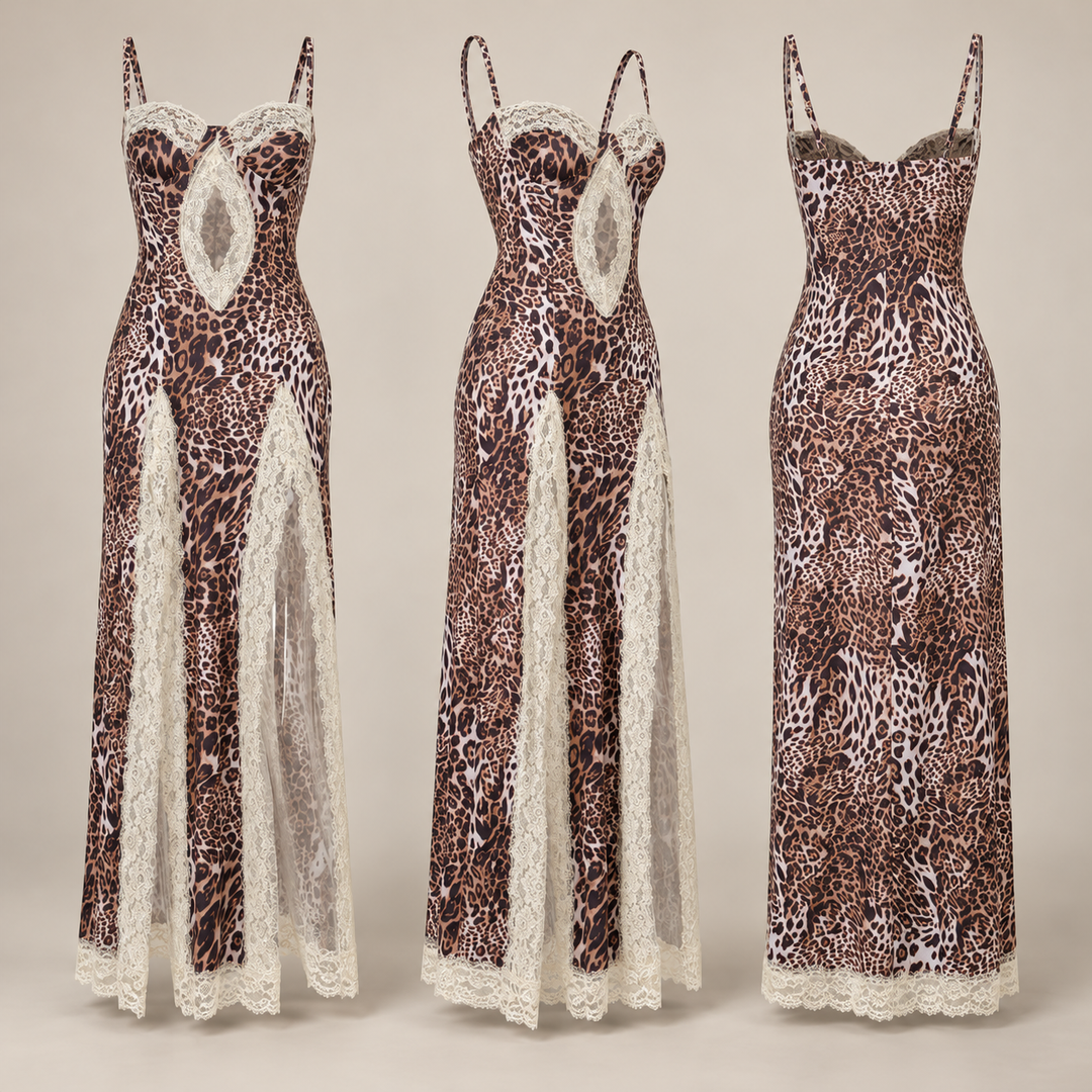 VISSONG Women’s Leopard Lace Cutout Maxi Dress