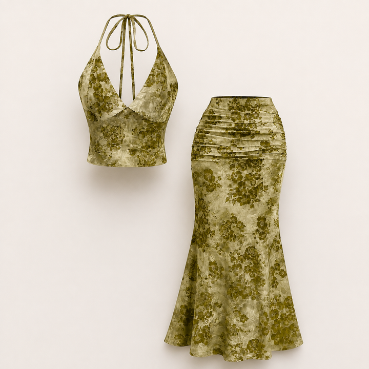Vintage Floral Halter Top &amp; Maxi Skirt Set