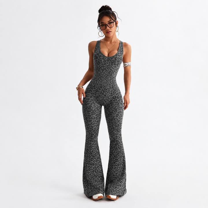 VISSONG Women’s Leopard Print Flare Leg Jumpsuit