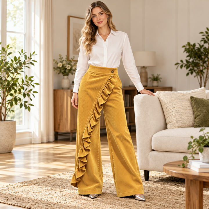 Women’s High-Waisted Ruffle-Overlay Corduroy Wide-Leg Pants
