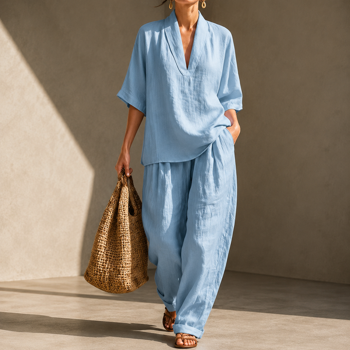 Women’s V Neck Loose Linen Set