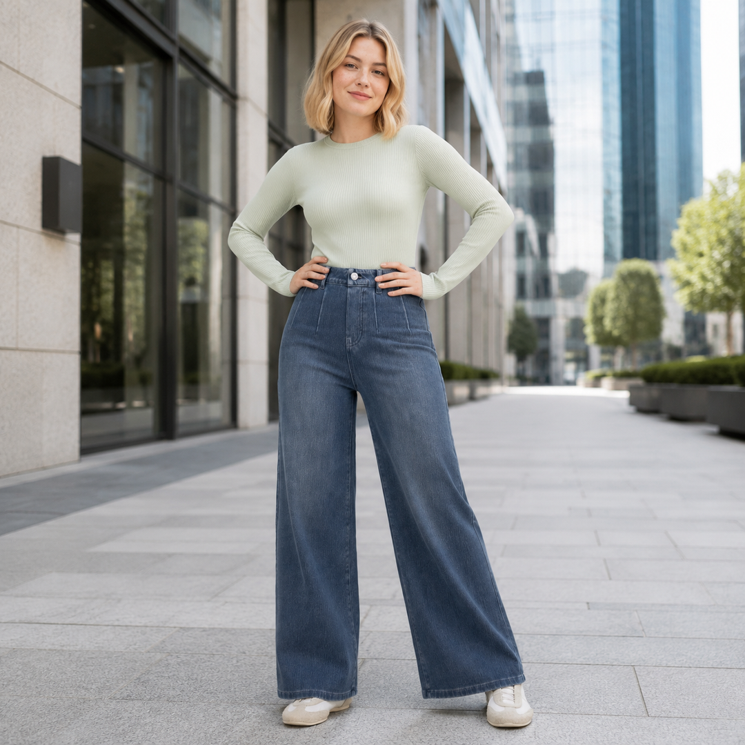 Pleated High-Waist Wide-Leg Jeans