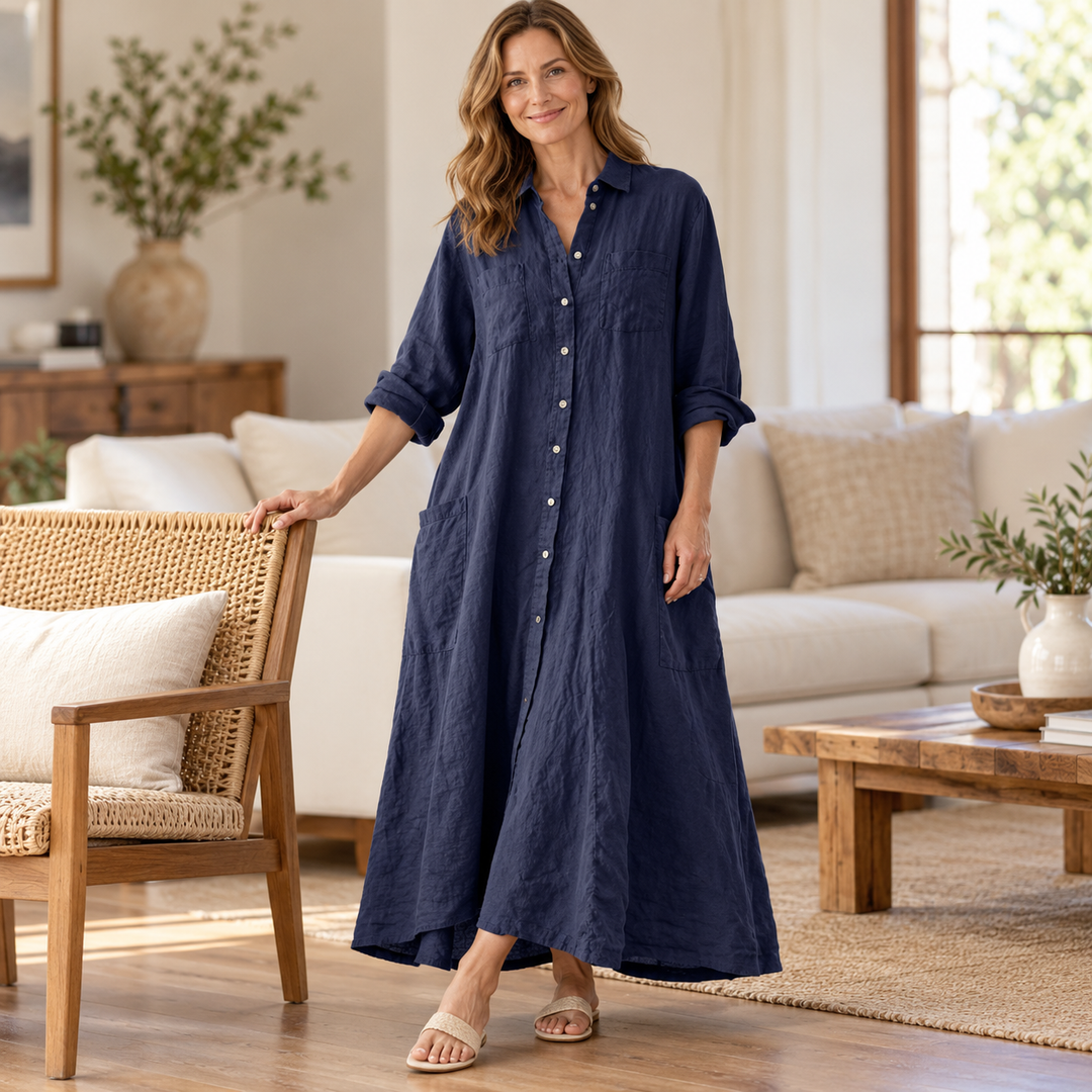 Women’s Cotton-Linen Button-Front Pocket Maxi Shirt Dress