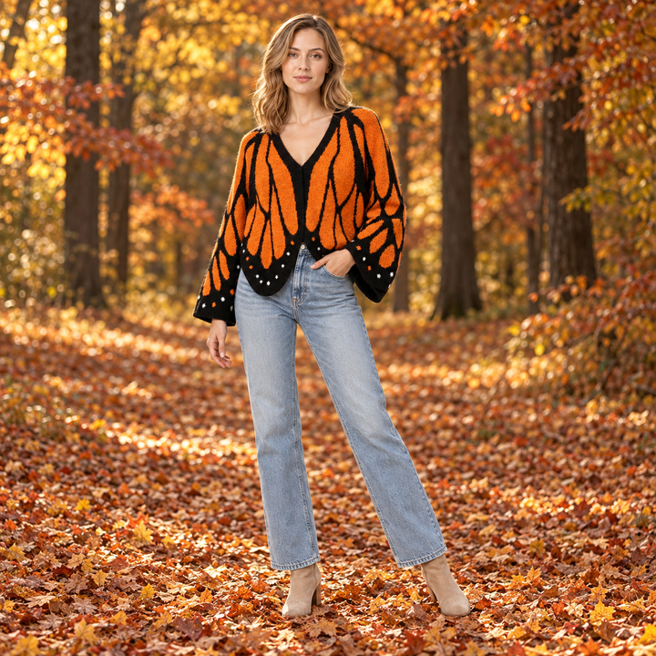 VISSONG Butterfly Wing Pattern Open-Front Knit Cardigan