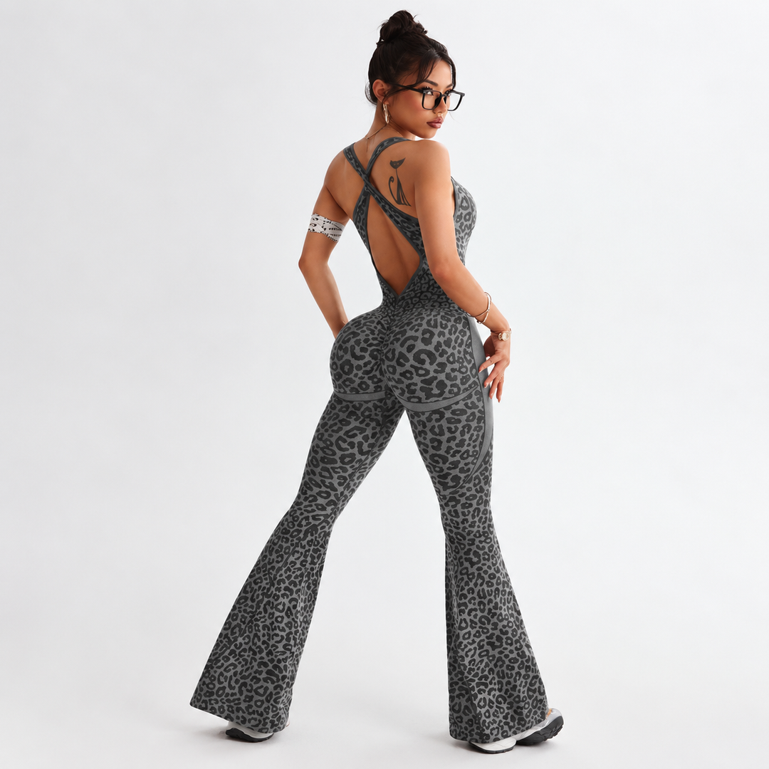 VISSONG Women’s Leopard Print Flare Leg Jumpsuit