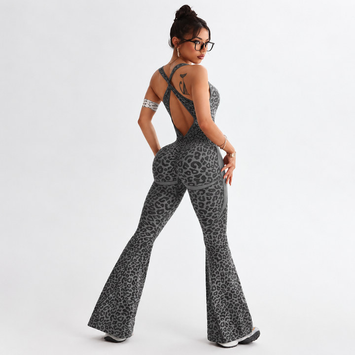 VISSONG Women’s Leopard Print Flare Leg Jumpsuit