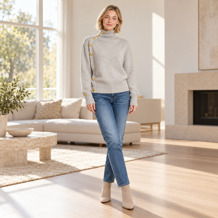 VISSONG Women’s Asymmetric Gold-Button Turtleneck Sweater