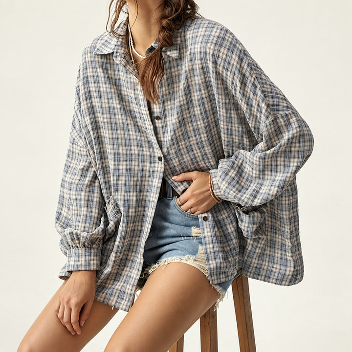 VISSONG Women’s Ruffle-Pocket Plaid Shirt