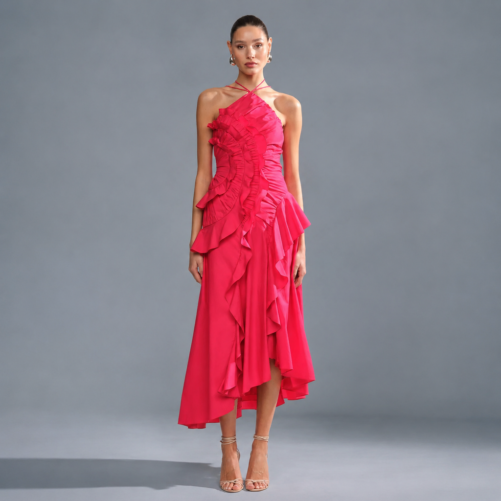 Women’s Pleated Halter Ruffle Maxi Dress