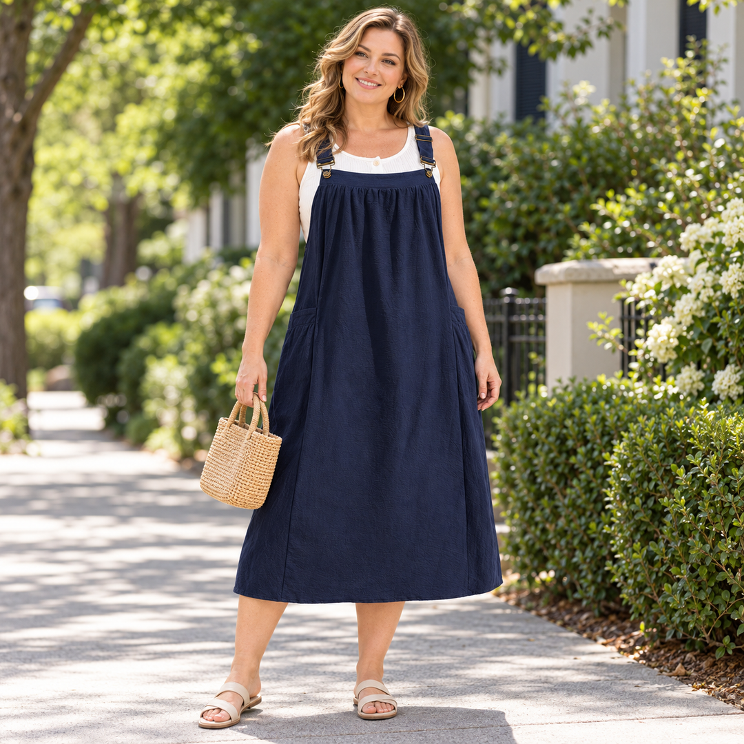 Women’s Cotton Buckle-Strap Gathered Pocket Pinafore Dress