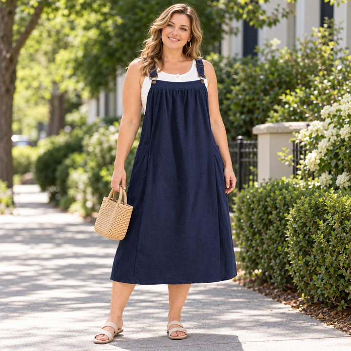 Women’s Cotton Buckle-Strap Gathered Pocket Pinafore Dress