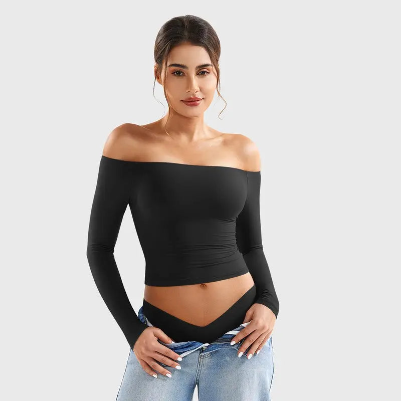 VISSONG Women’s Off-Shoulder Stretch Long-Sleeve Top